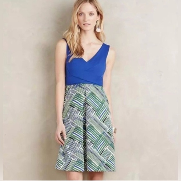 ANTHROPOLOGIE HD In Paris Ardmore A-Line Blue Green Printed Mini Dress 6 NWT - Picture 1 of 13